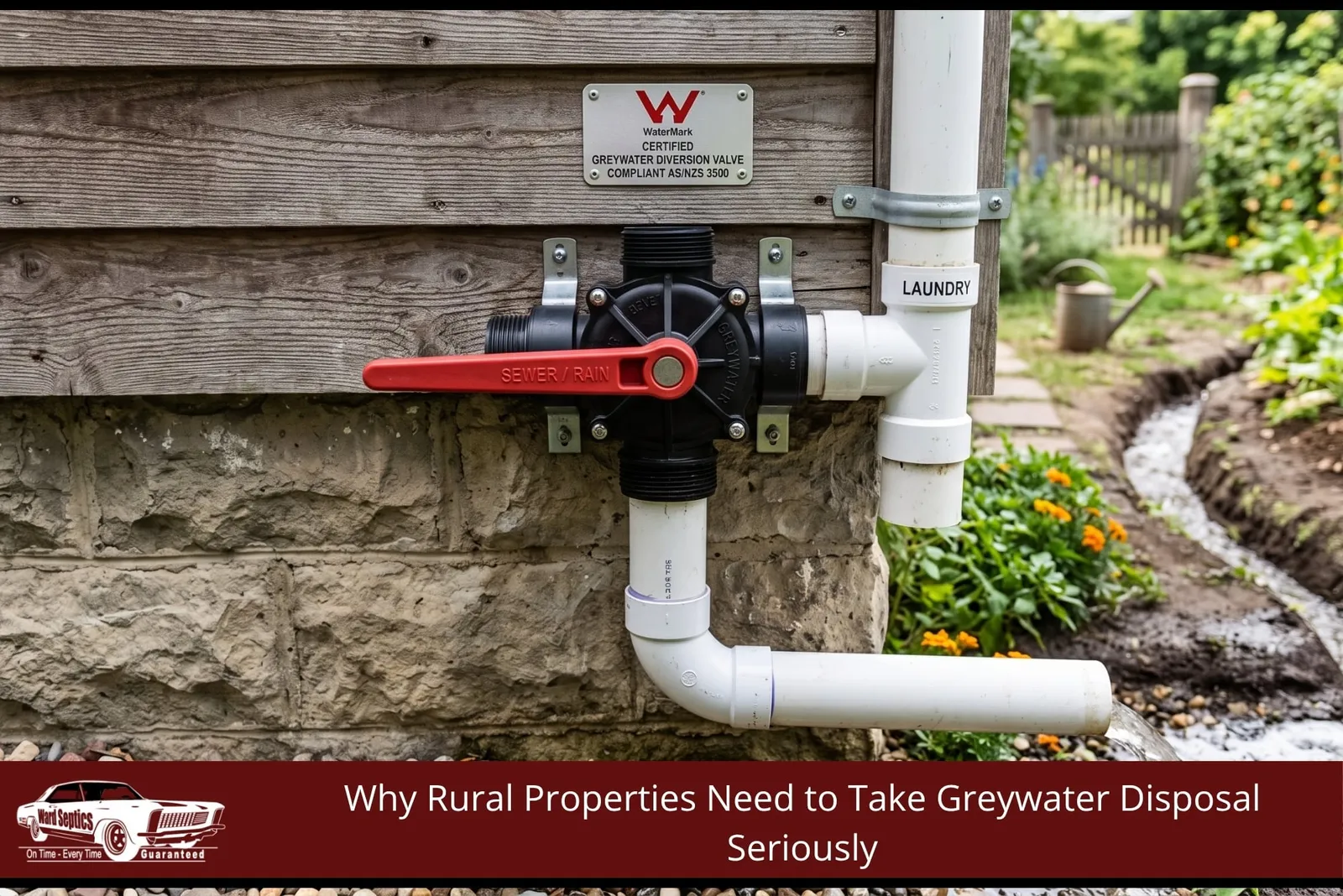A close-up of a certified greywater diversion valve connected to a laundry outlet pipe on a rural Australian home, showing the coarse filter and diversion mechanism used to redirect water to garden irrigation