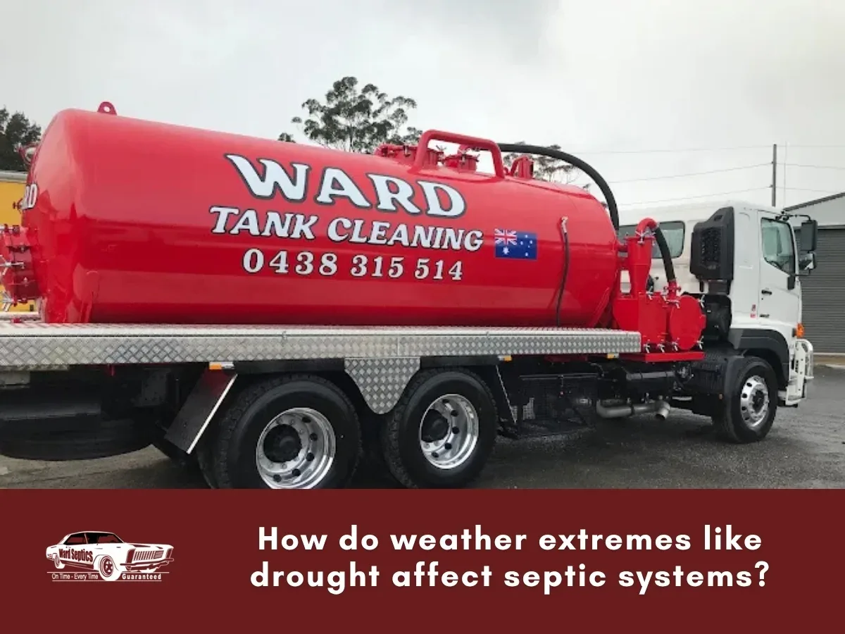 The red Ward Tank Cleaning truck and its cylindrical tank parked outdoors, lettered with the phone number 0438 315 514