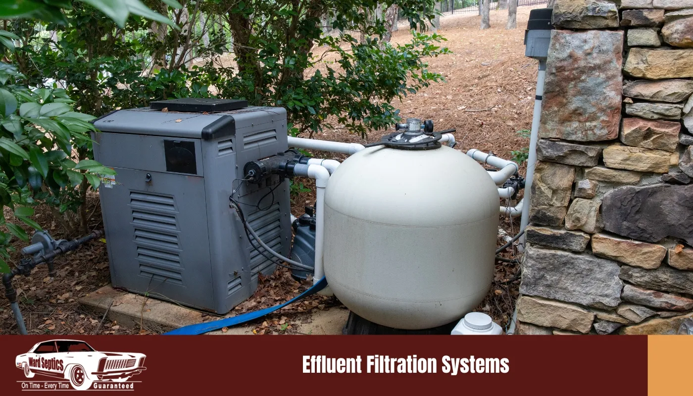 Outdoor pool filtration and heating equipment are installed next to a stone wall.