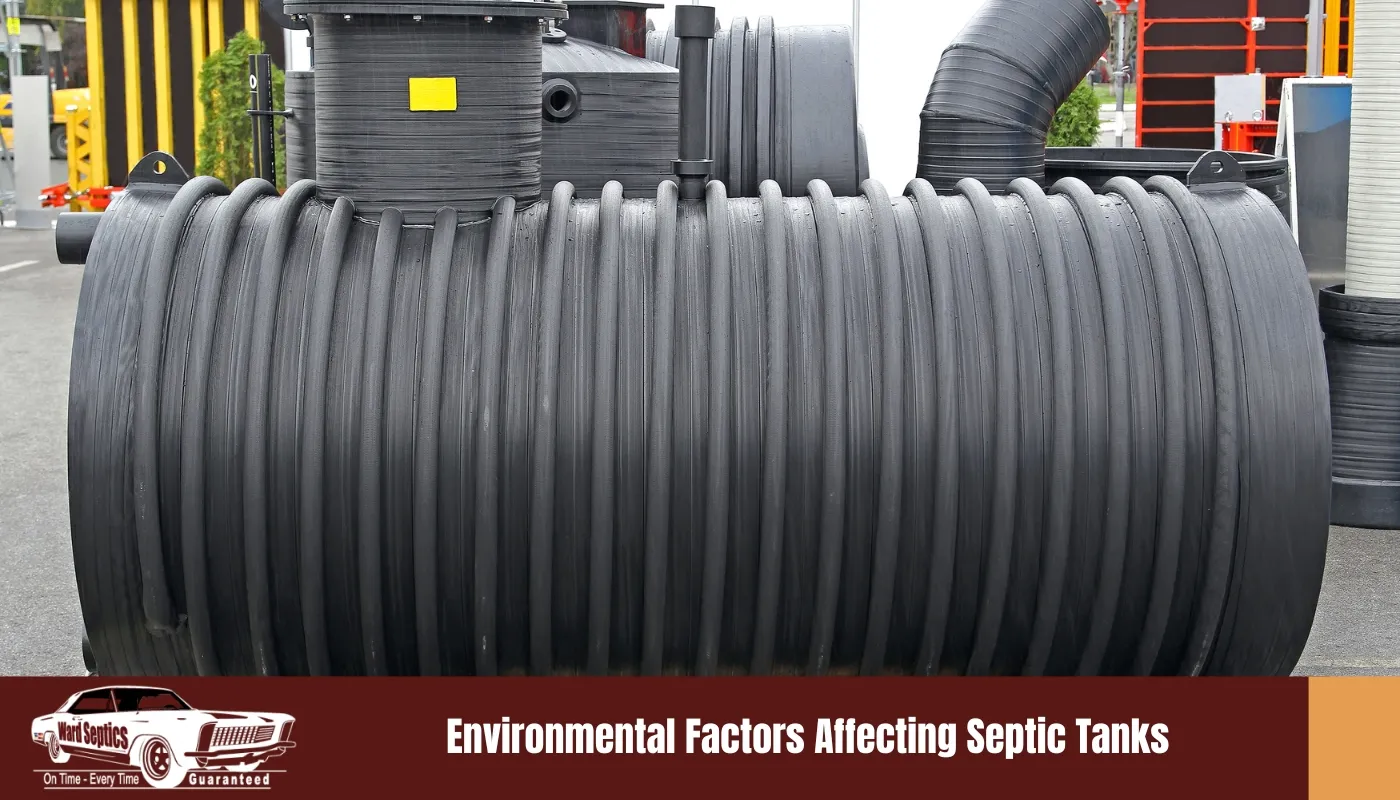 A large, ribbed black plastic septic tank on display