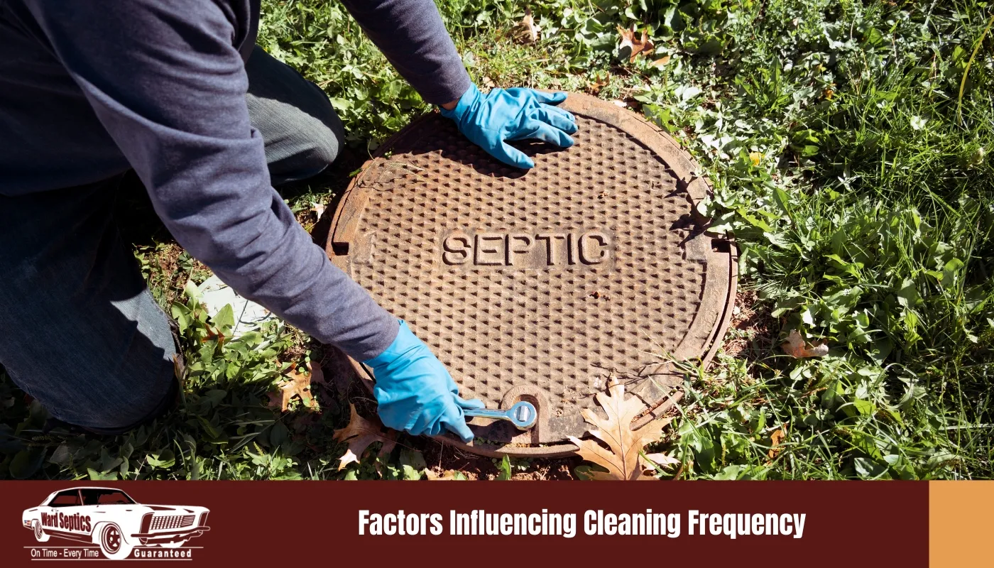 A person wearing blue gloves uses a wrench to open a round metal septic tank cover in a grassy area