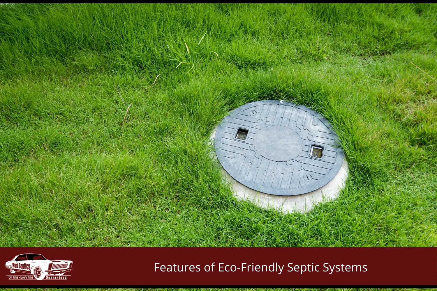 A black plastic septic tank lid sits flush with a vibrant green lawn.