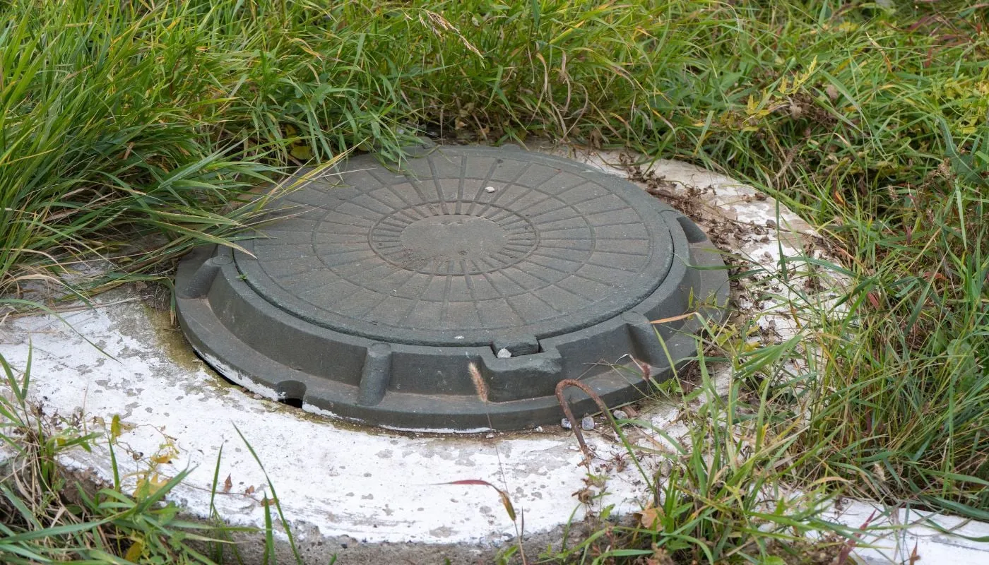 A close-up of a circular concrete septic tank lid flush with the ground and surrounded by green grass.