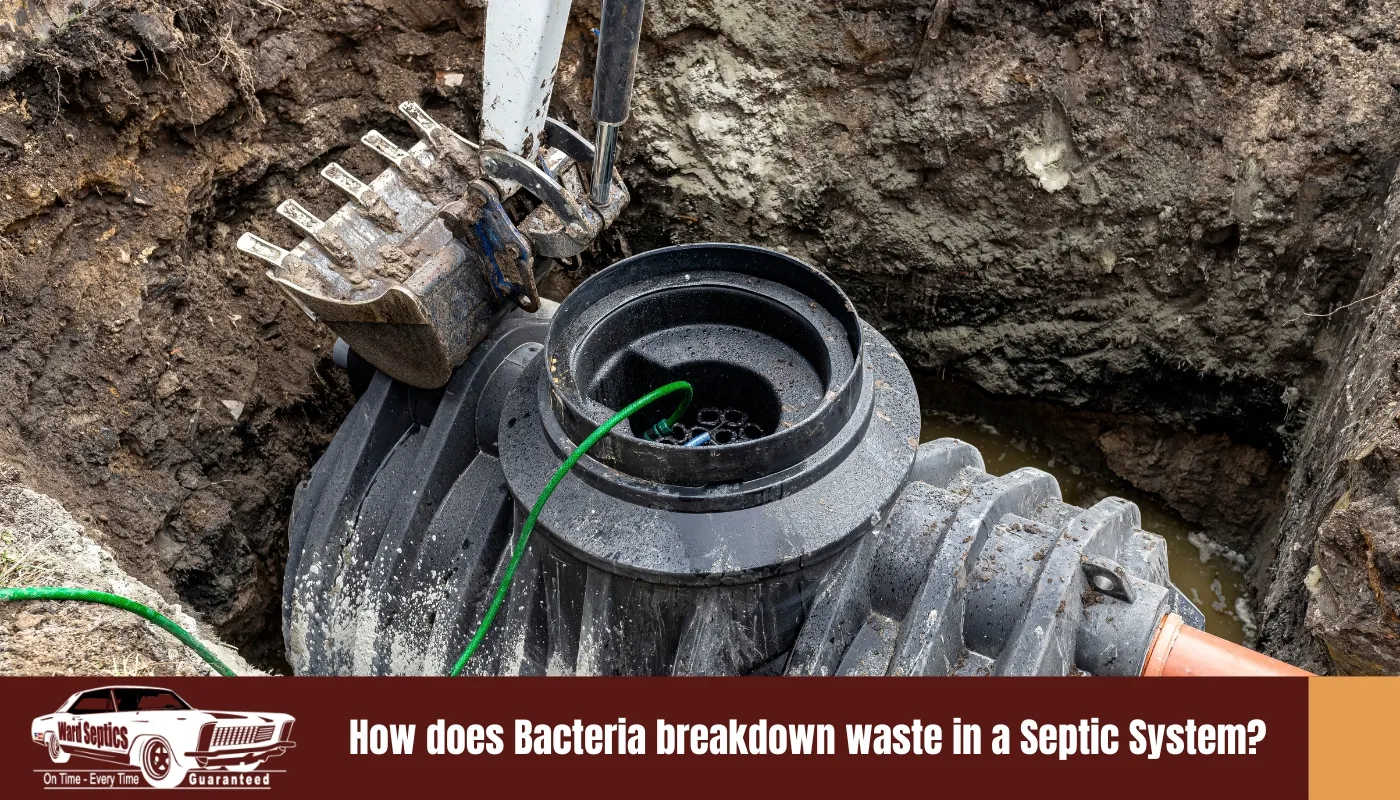 An excavator bucket positioned next to a black corrugated polyethylene septic tank being installed in a deep dirt pit.