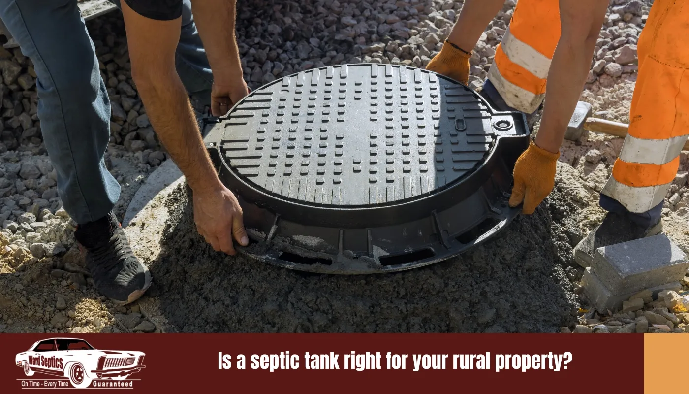 Two workers installing a heavy, circular black manhole cover onto a concrete base in a gravel area.
