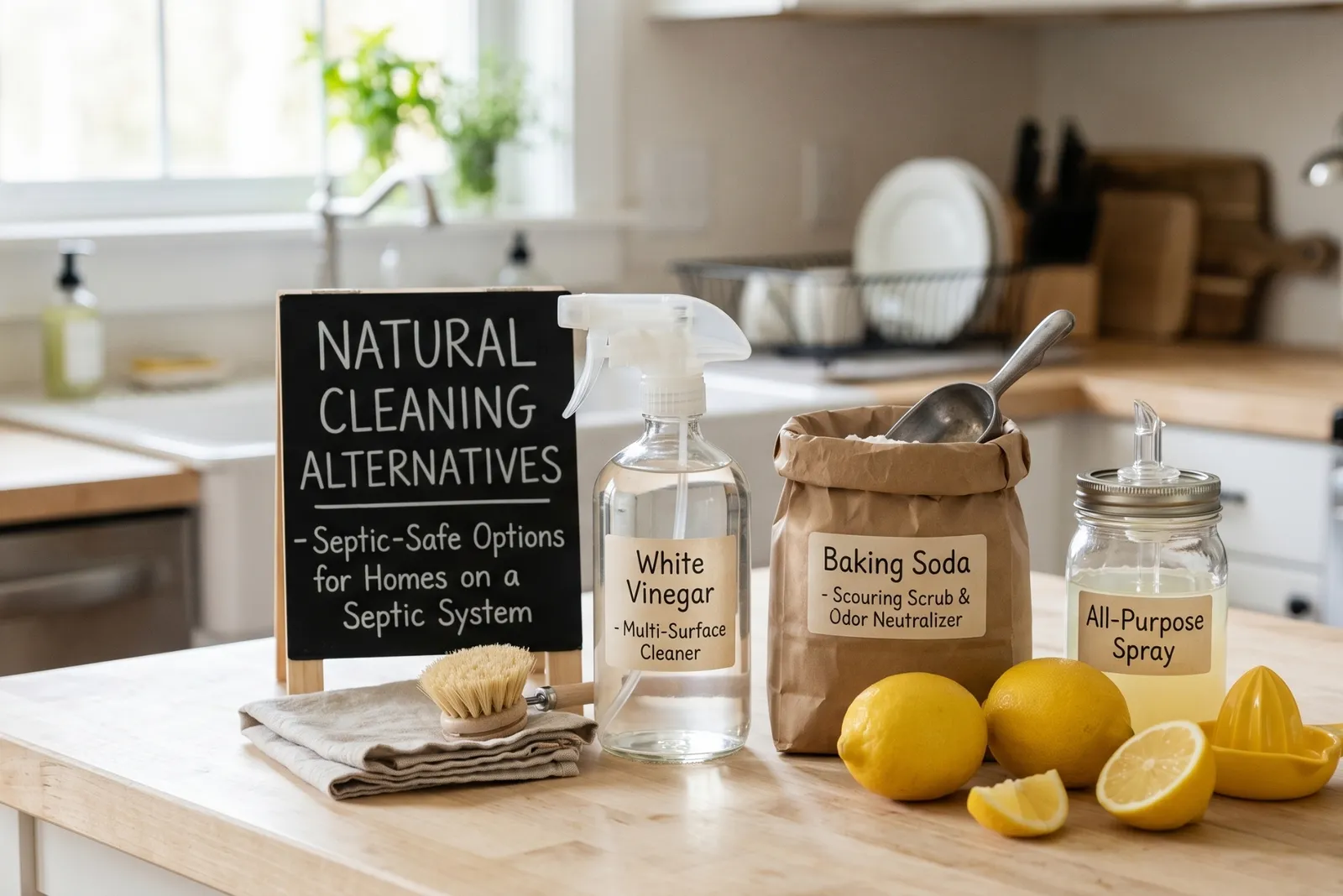 Natural cleaning alternatives, white vinegar, baking soda, and lemon, displayed on a kitchen bench as septic-safe options for homes on a septic system