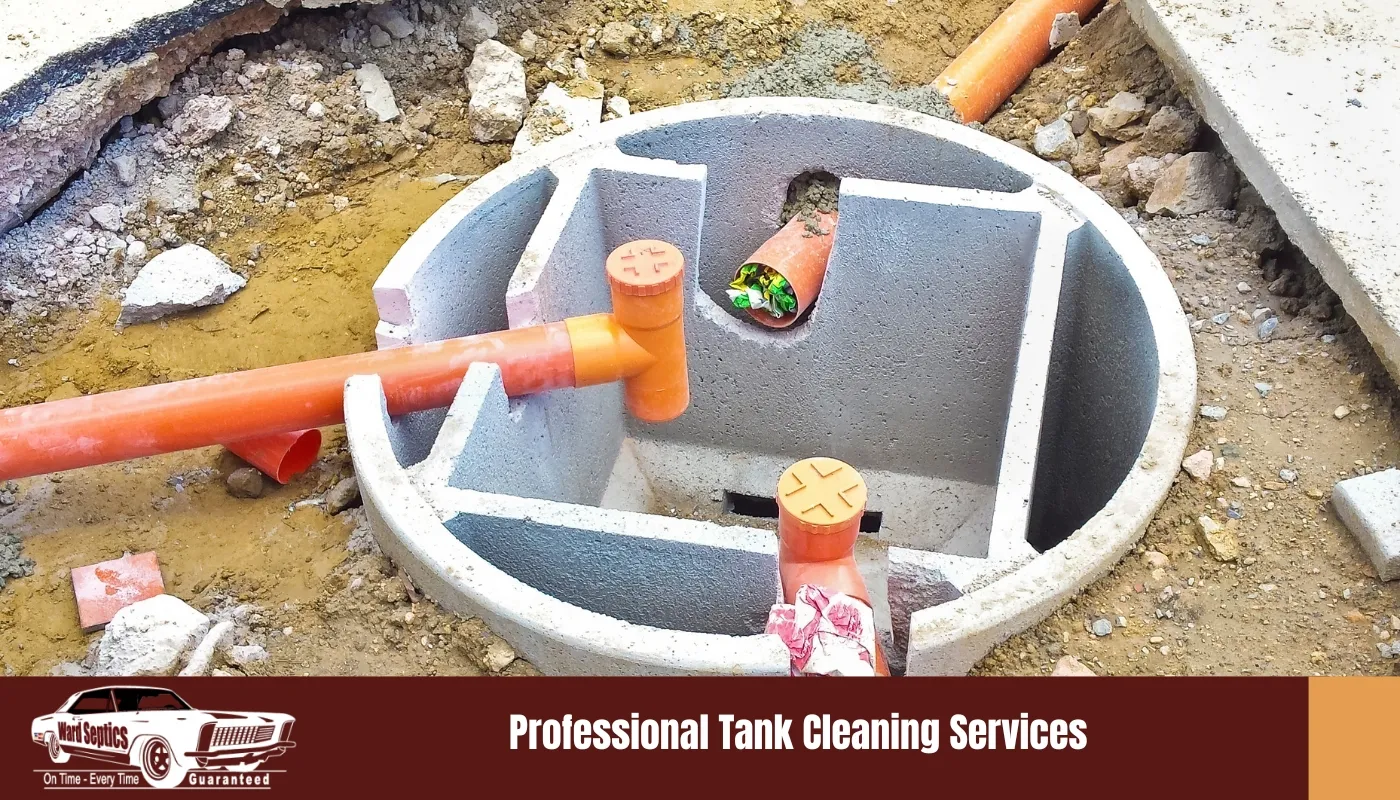 An overhead shot of a circular concrete septic tank structure during installation.