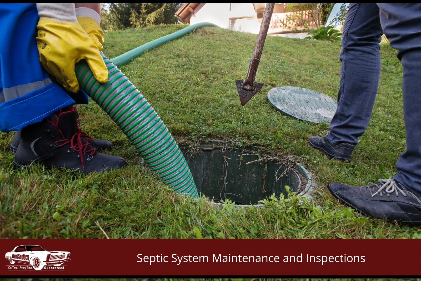 A technician in yellow gloves feeds a large green suction hose into an open underground septic tank.