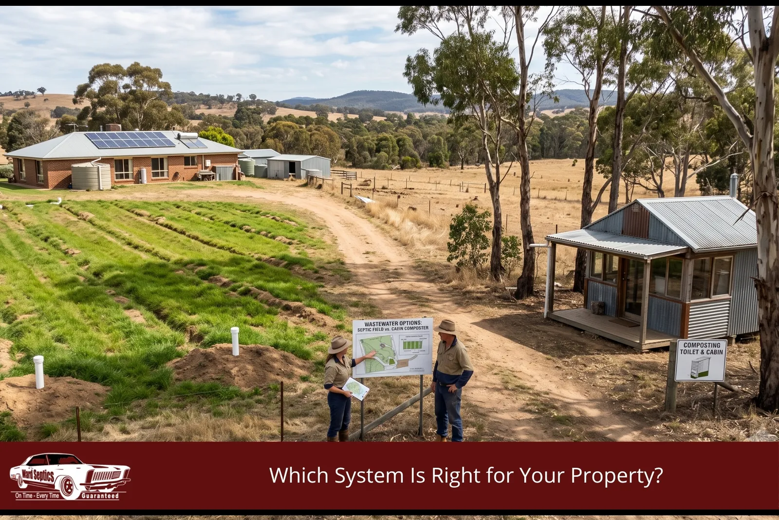 A rural Australian landscape showing an established septic drainage field on a main residence in the background and a small off-grid cabin in the foreground, illustrating the different property types suited to each wastewater system