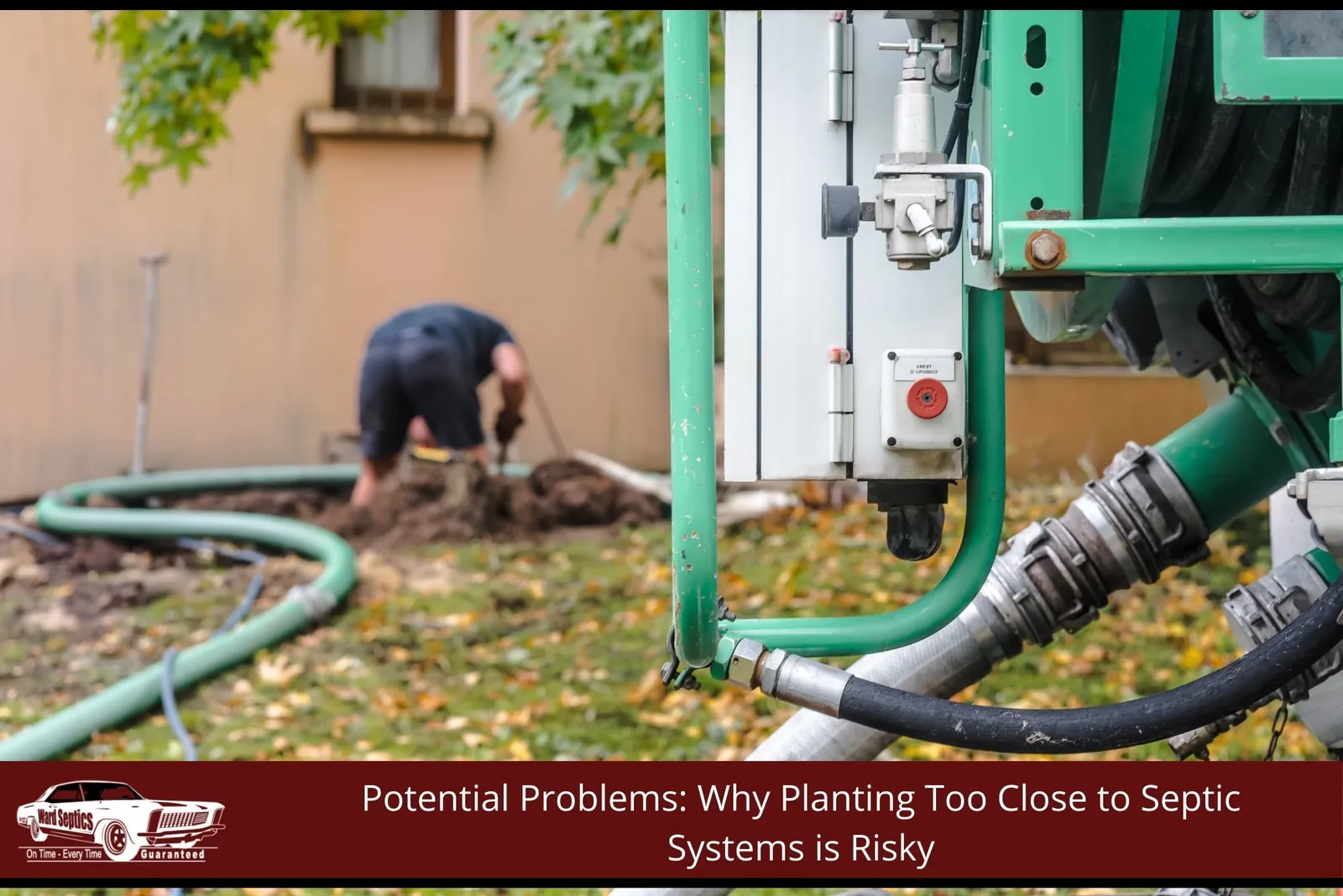 A green service truck's control panel and heavy hoses focuses on a residential backyard, where a technician digs near a pile of dirt in the background.