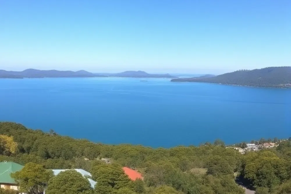 Lake Macquarie seen over the treetops and rooftops of a western shore suburb