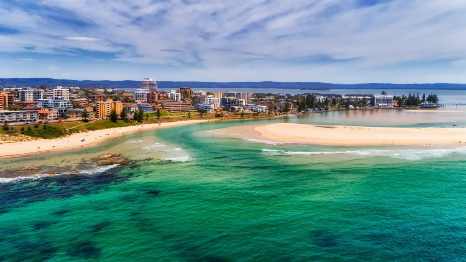 Aerial view of The Entrance channel where Tuggerah Lake meets the ocean