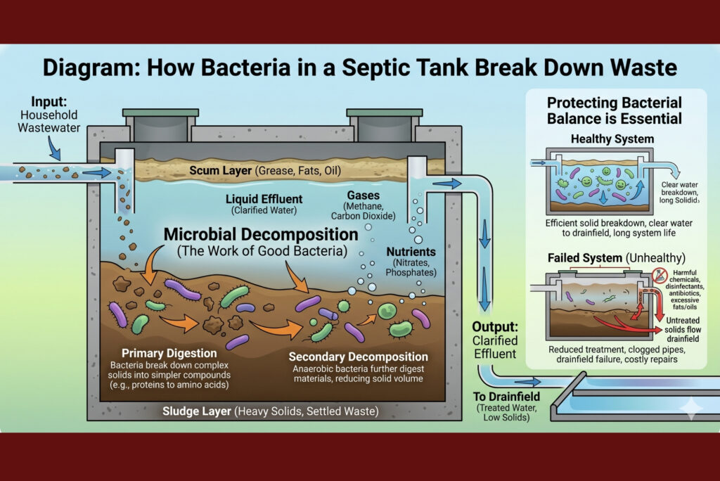 Diagram showing how bacteria inside a septic tank break down solid waste — illustrating why protecting this bacterial balance is essential for system health