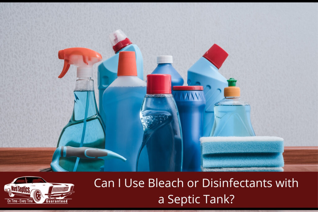Household bleach and disinfectant spray bottles on a kitchen bench — common cleaning products that can affect a septic tank when overused