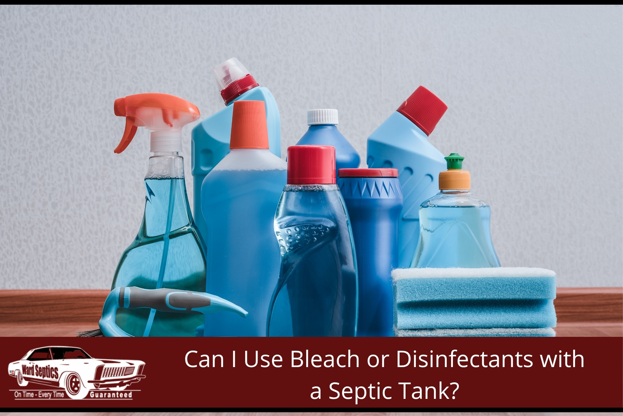 Household bleach and disinfectant spray bottles on a kitchen bench — common cleaning products that can affect a septic tank when overused