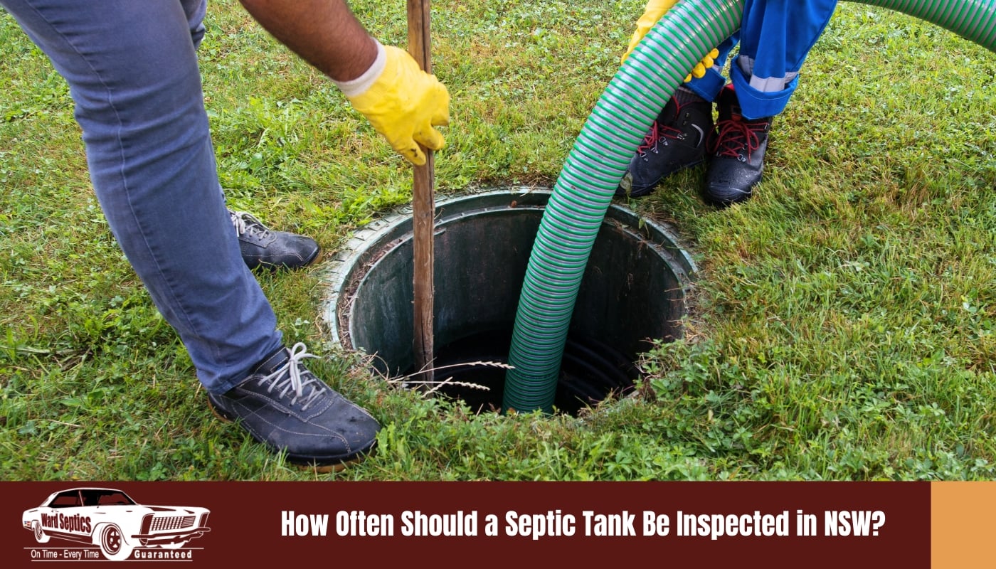 A septic service technician using a measuring rod to check the sludge depth inside an open, partially pumped concrete septic tank on a NSW Central Coast rural property